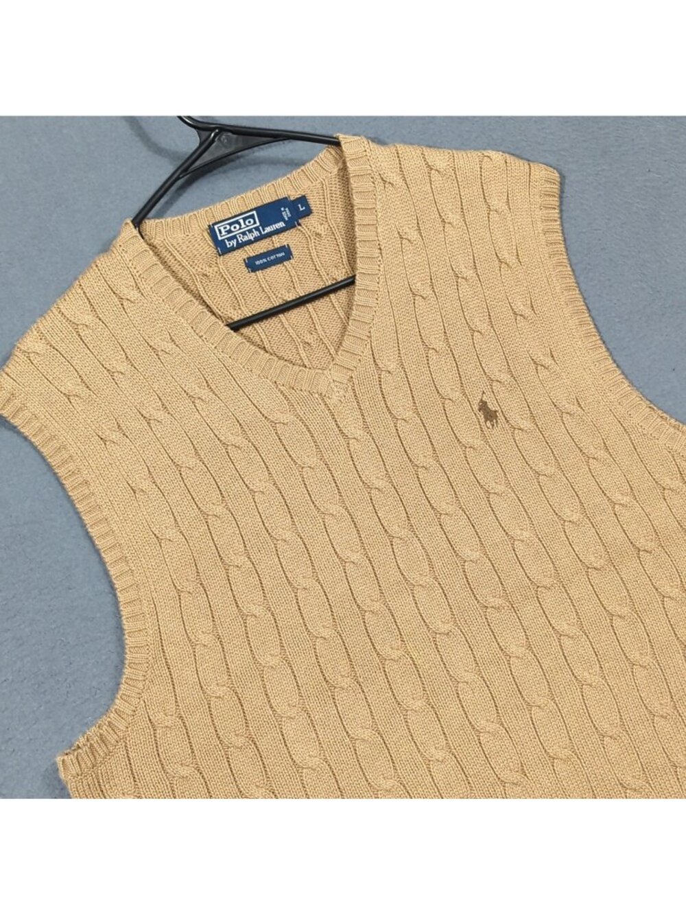 Polo Ralph Lauren Cable Knit Sweater Vest Men's L Brown Cotton V-Neck Pullover
